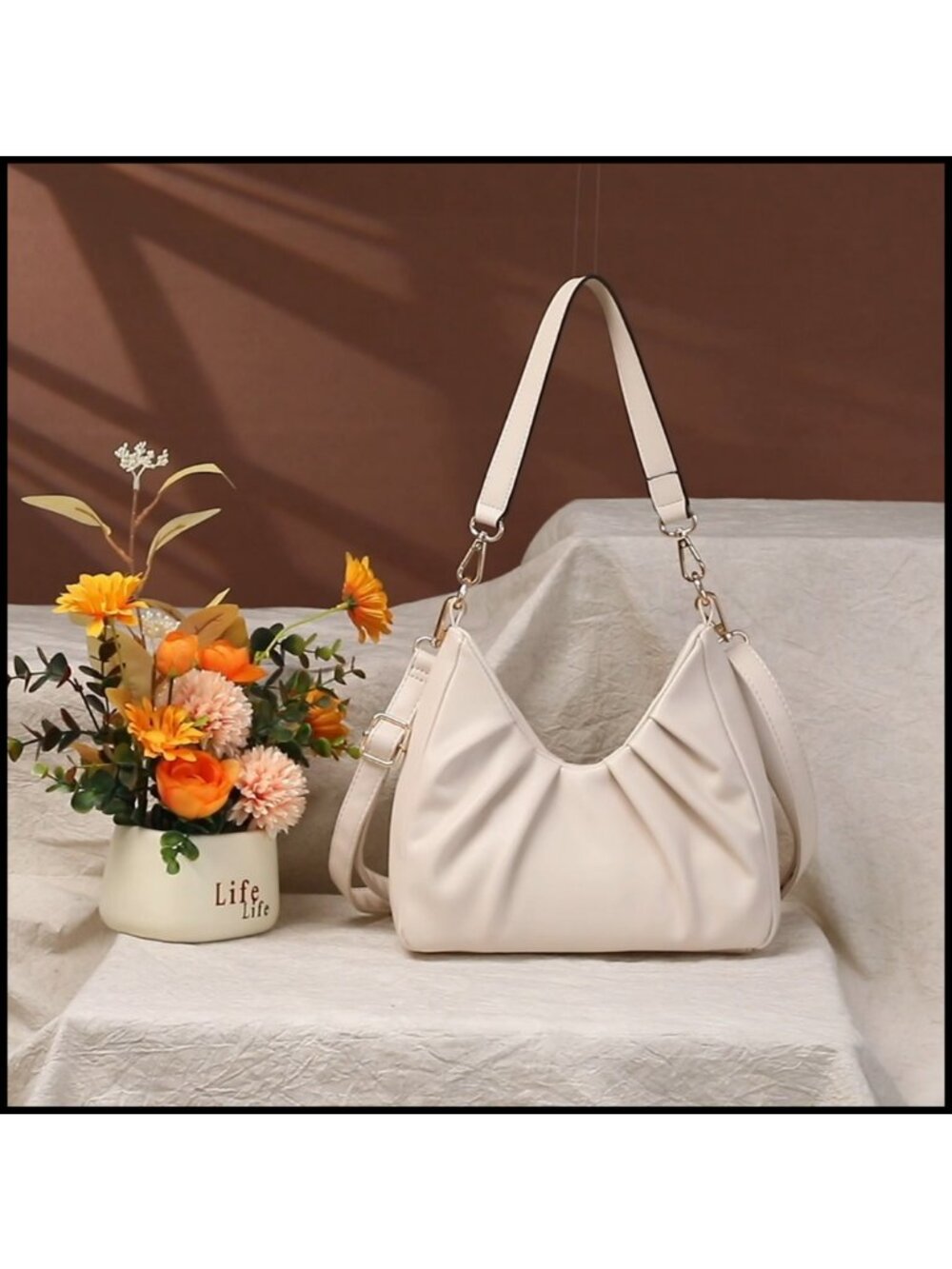 Pleated Vegan Leather Hobo Bag Removable Strap Crossbody Purse - Picture 6 of 6